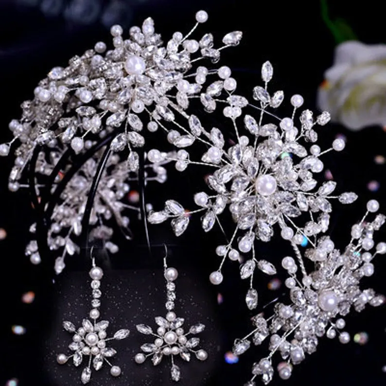 HP-0014 3pcs Pearls l Rhinestone l Vintage l Bridal Vine Hairpiece   Matching Earrings l Hair Comb l Tiara l Crown l Silver