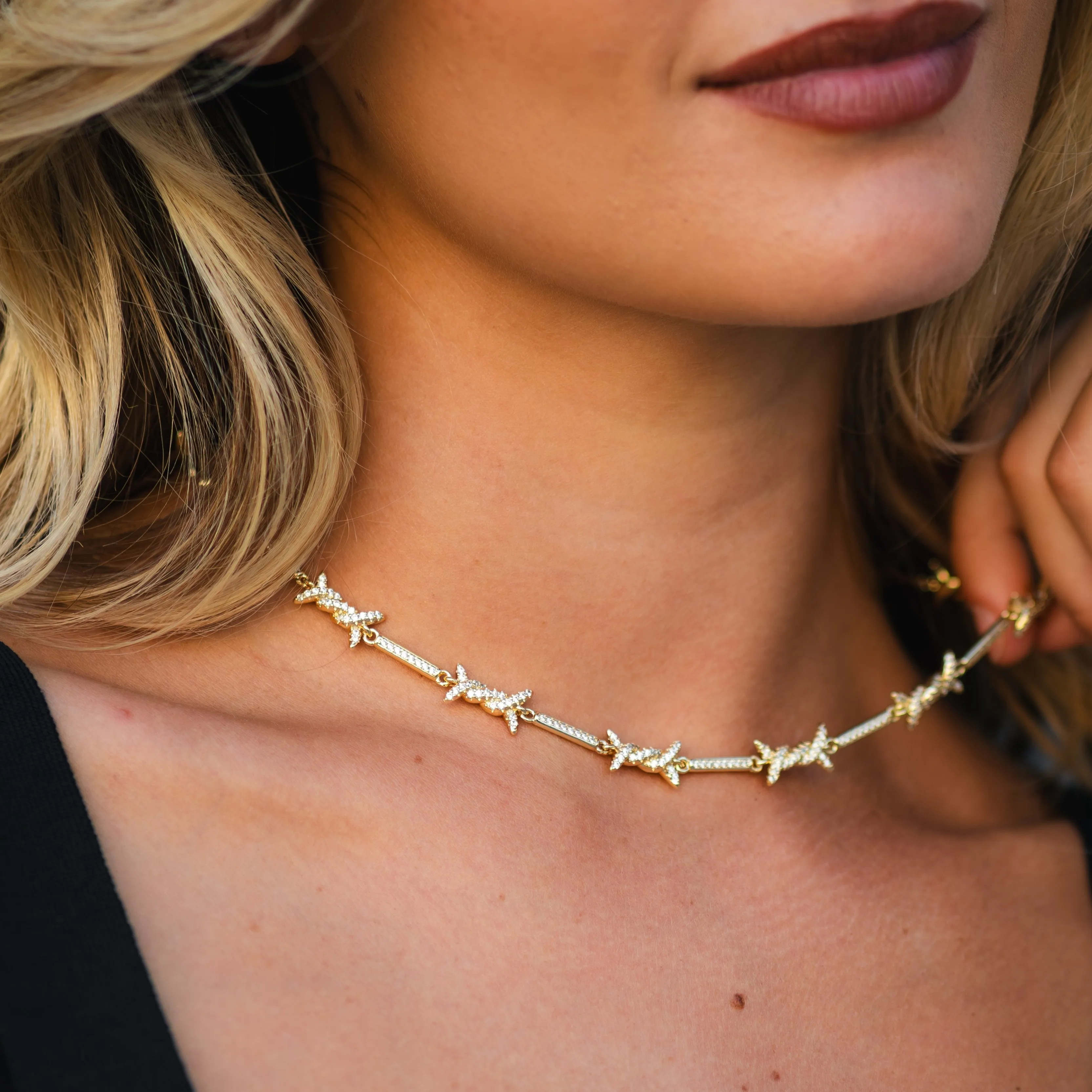 Iced Barbed Wire Necklace - Gold RG127G