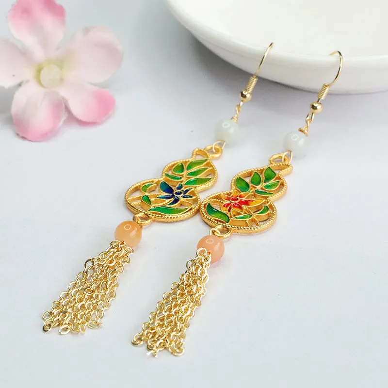 Jadeite Gourd Tassel Earrings with Enamel Ear Hooks-China-Chic