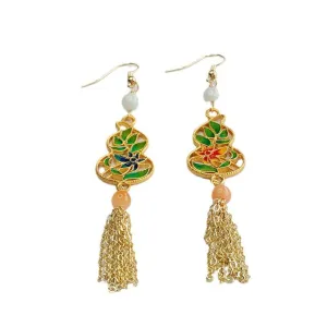 Jadeite Gourd Tassel Earrings with Enamel Ear Hooks-China-Chic