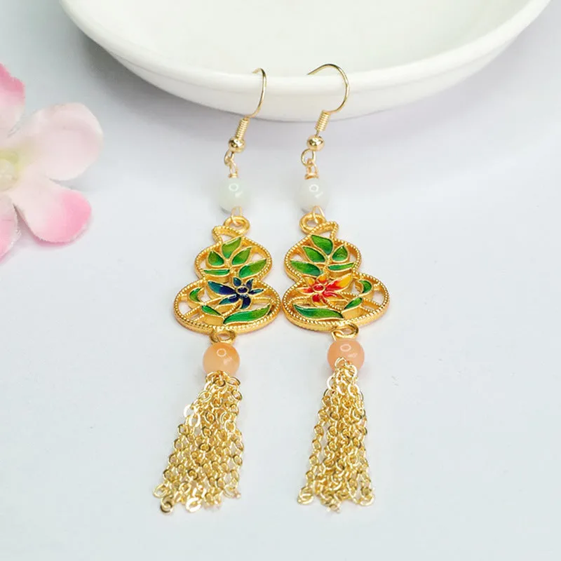 Jadeite Gourd Tassel Earrings with Enamel Ear Hooks-China-Chic