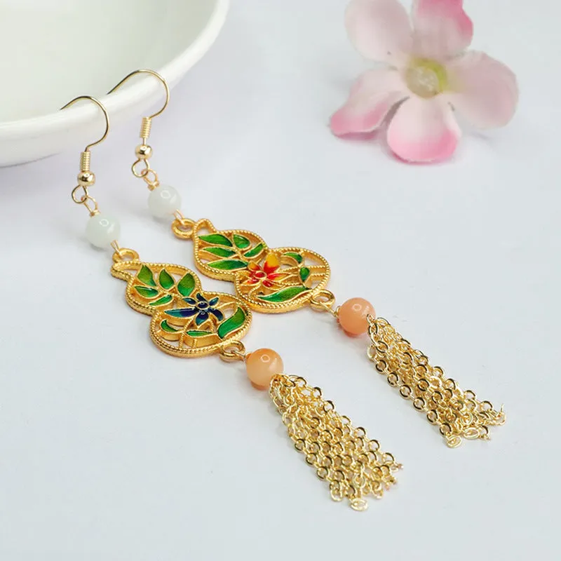 Jadeite Gourd Tassel Earrings with Enamel Ear Hooks-China-Chic