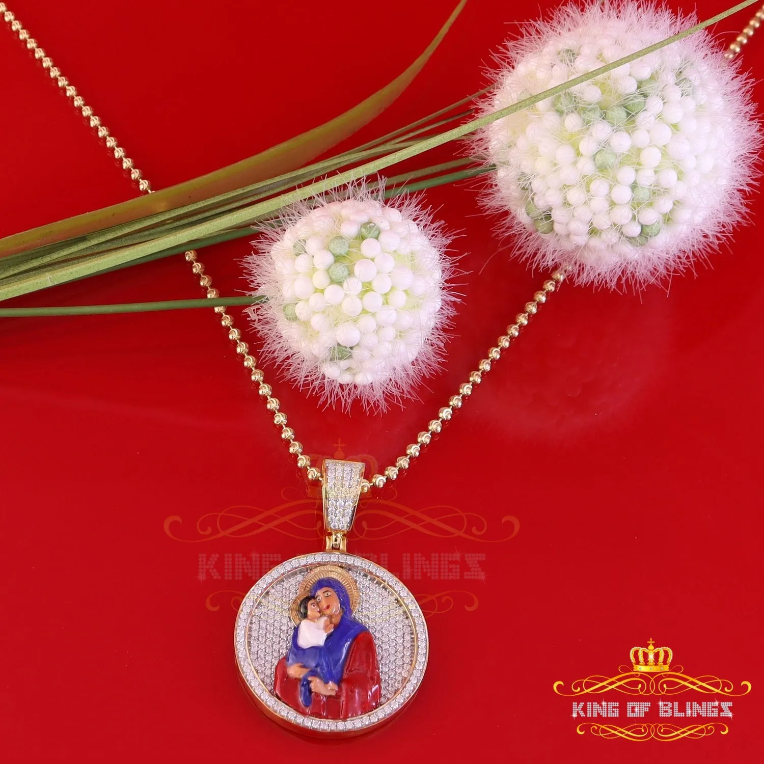 King Of Bling's 5.00ct Moissanite Yellow 925 Silver Jesus & Mother Marry Round 1.50 inch Pendant