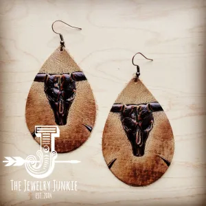 **Leather Teardrop Earrings in Tan Steer Head 223y