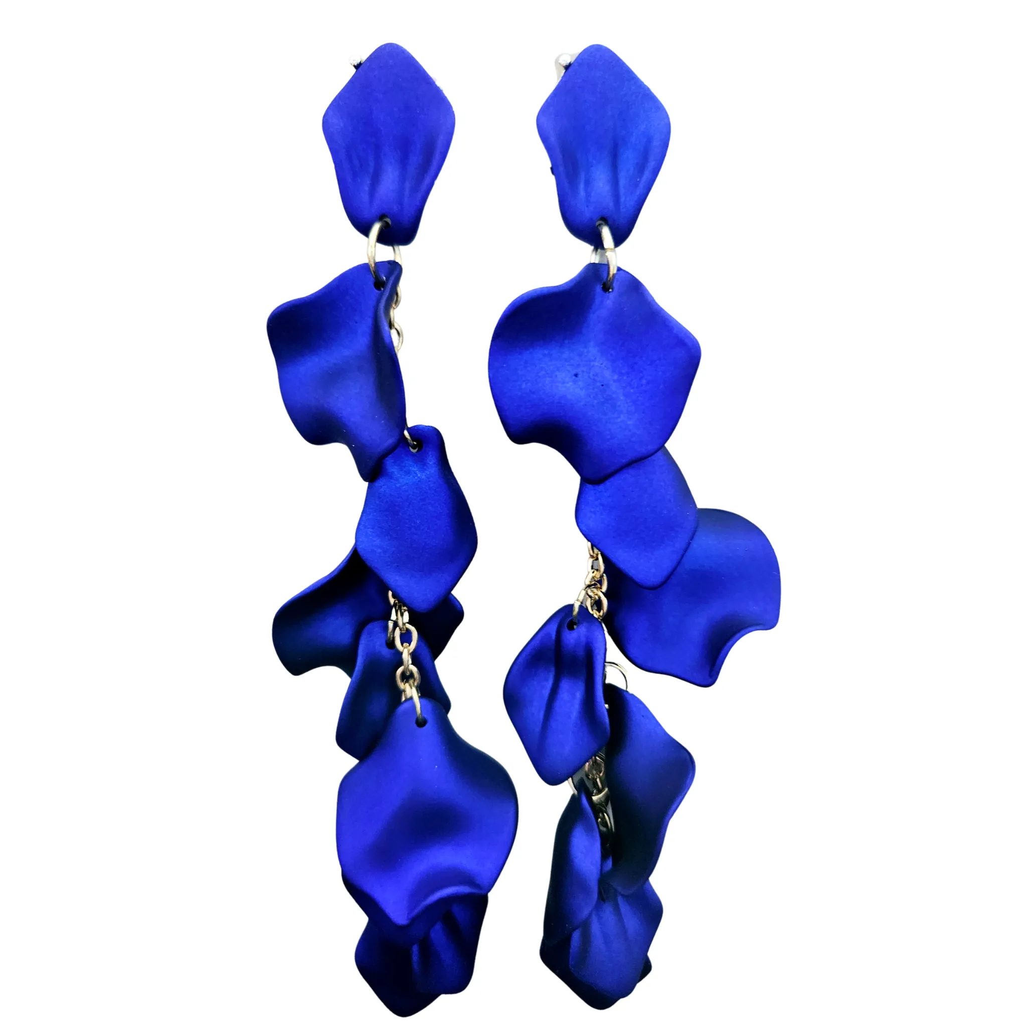 Long Royal Blue Petal Dangle Statement Earrings