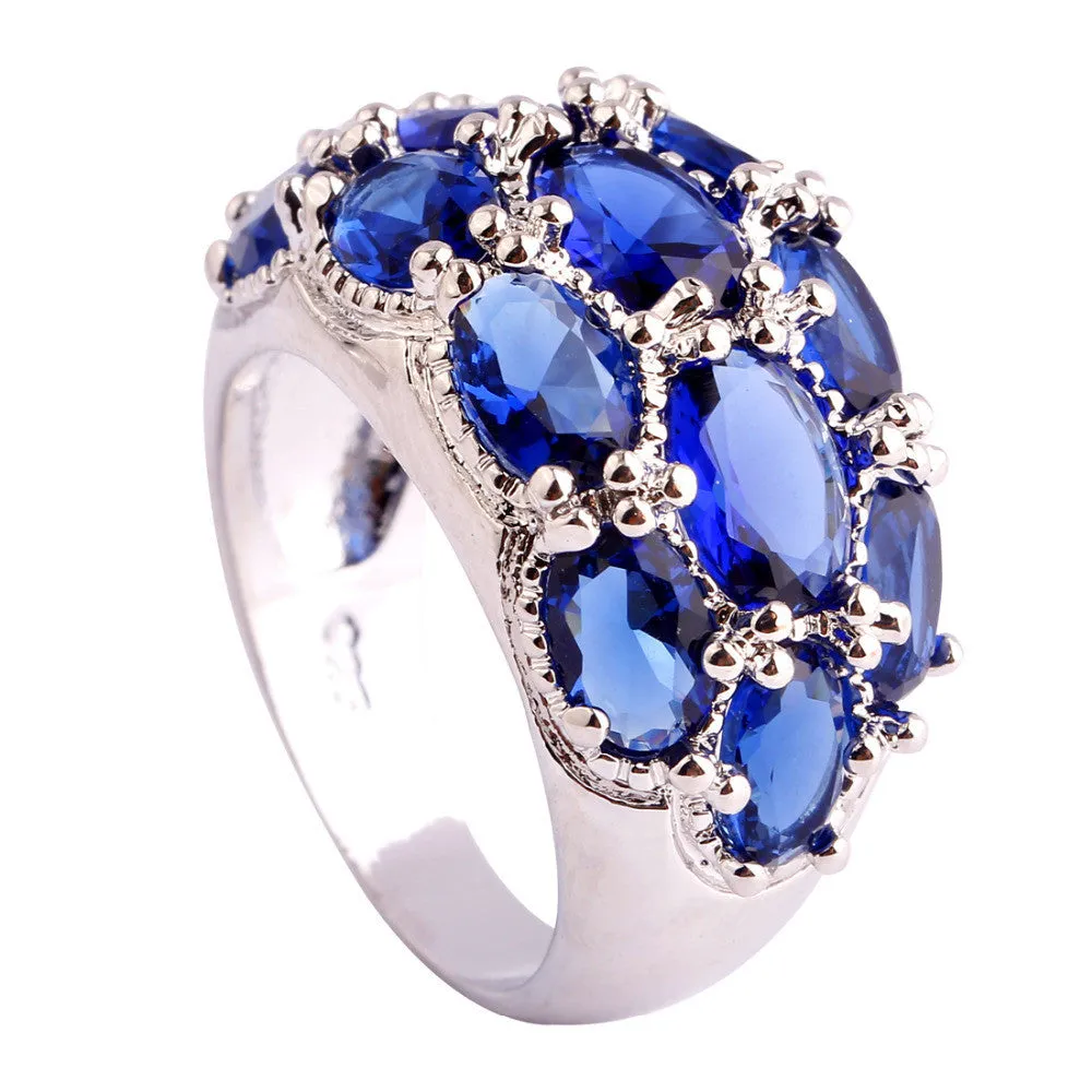 Luxuriant Bohemia Style Jewelry Oval Cut Blue Sapphire Quartz AAA Silver Ring