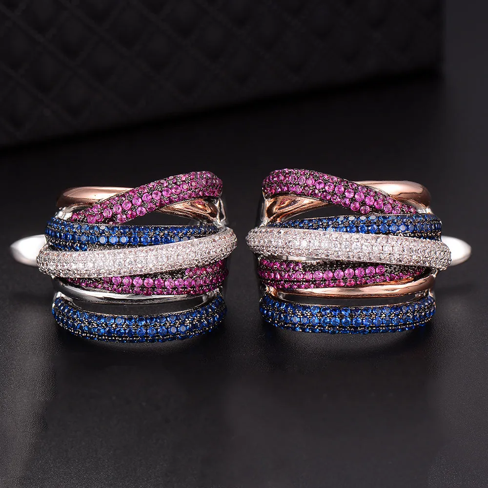 Luxury Twist Braided Multicolor Full Mirco  Cubic Zirconia Hoop Earring Set