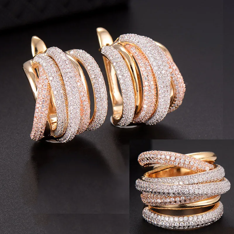 Luxury Twist Braided Multicolor Full Mirco  Cubic Zirconia Hoop Earring Set