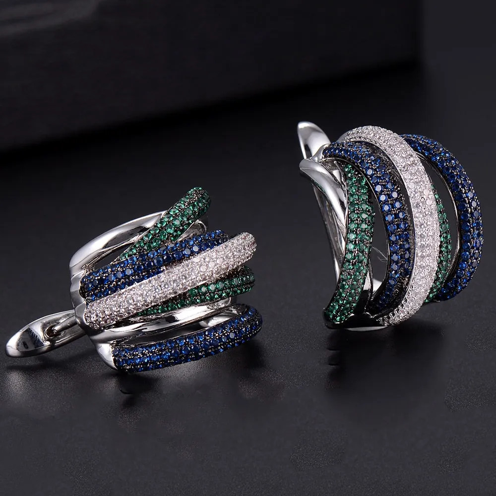 Luxury Twist Braided Multicolor Full Mirco  Cubic Zirconia Hoop Earring Set