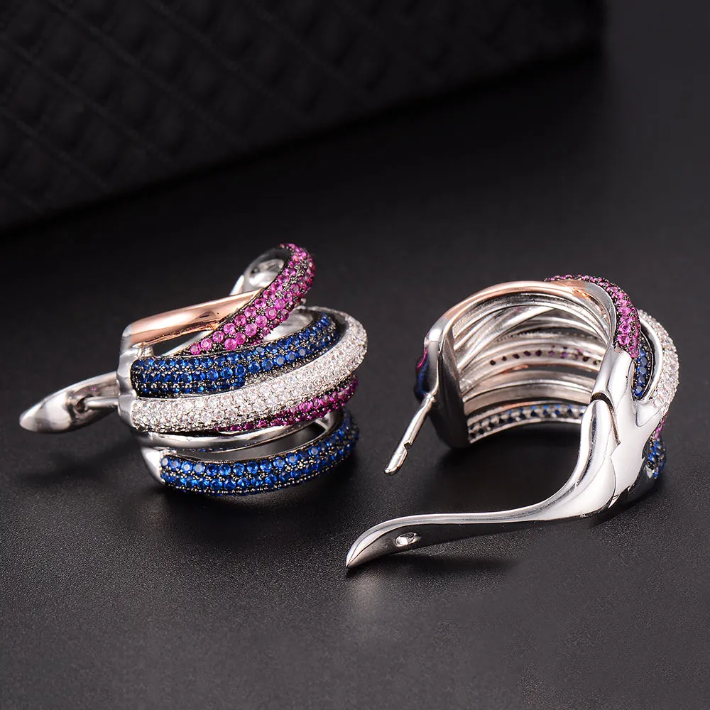 Luxury Twist Braided Multicolor Full Mirco  Cubic Zirconia Hoop Earring Set