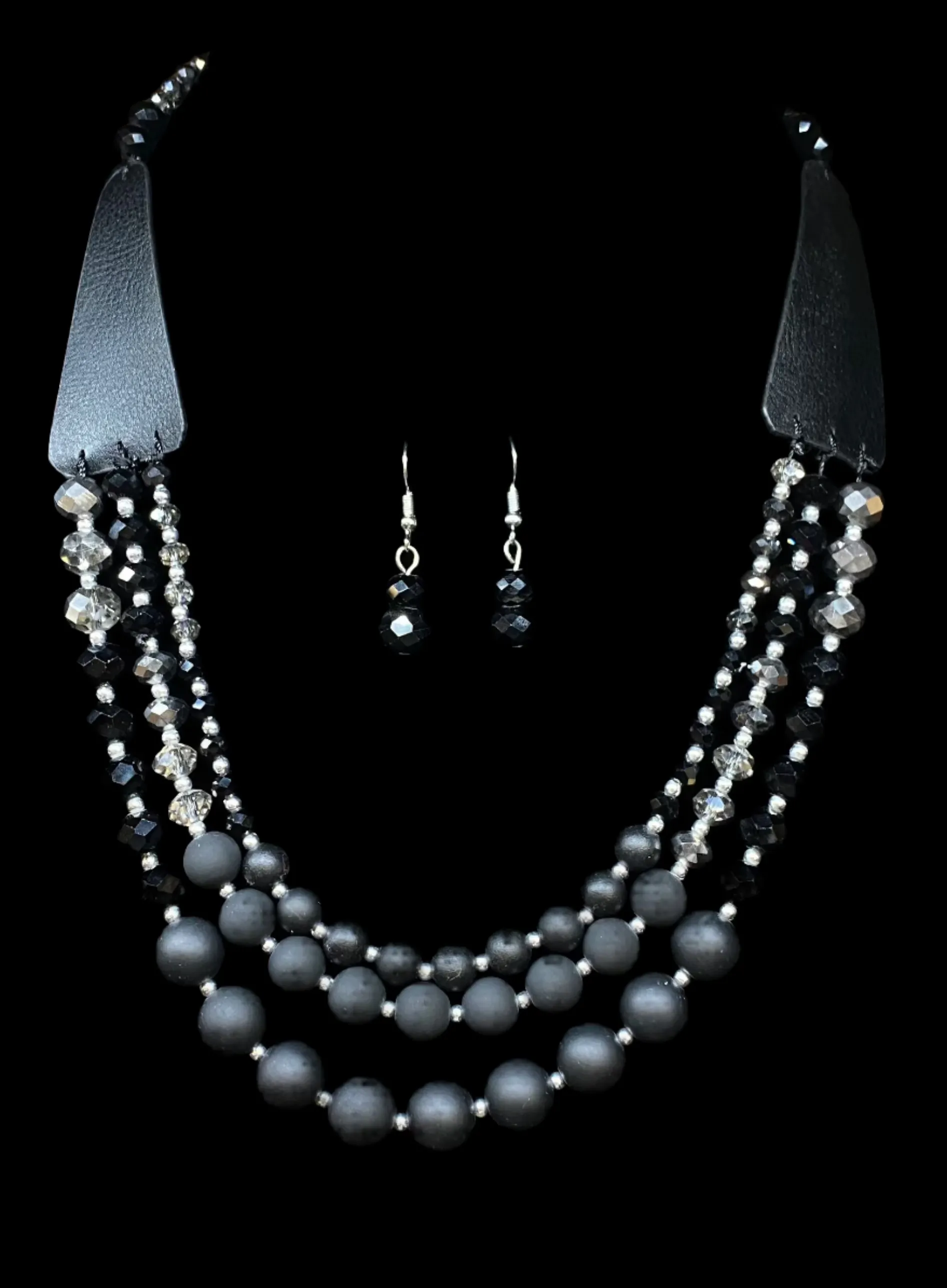 Matt Black Beaded Necklace Set w/ Earrings