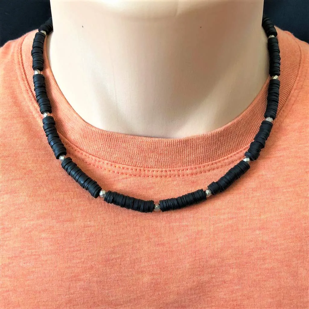 Mens Black Polymer Beaded Necklace