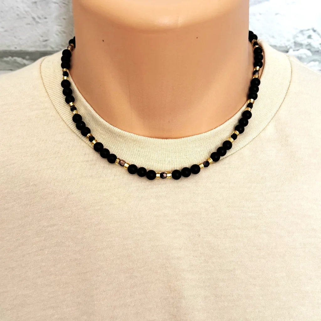 Mens Matte Black Onyx and Two Tone Czech Beaded Necklace