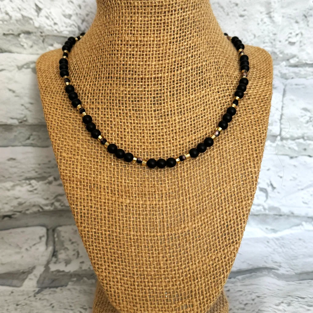 Mens Matte Black Onyx and Two Tone Czech Beaded Necklace