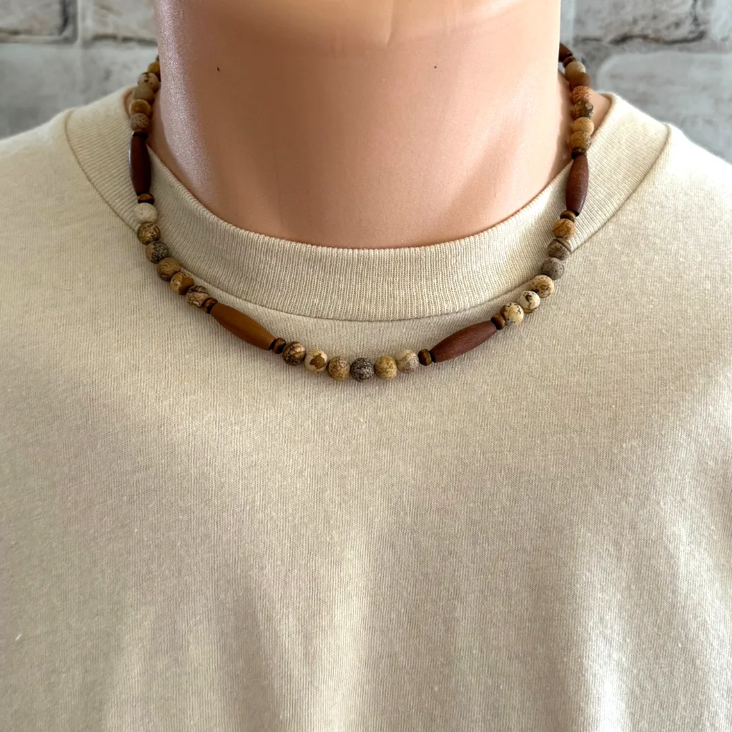 Mens Matte Picture Jasper and Elongated Wood Bead