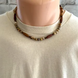 Mens Matte Picture Jasper and Elongated Wood Bead