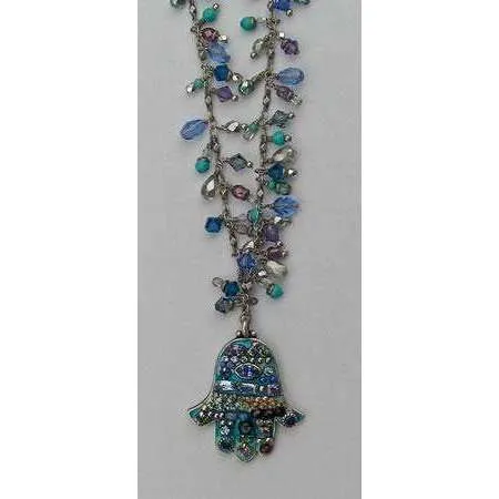 Michal Golan Medium Bright Blue Hamsa Necklace with Hang Beads