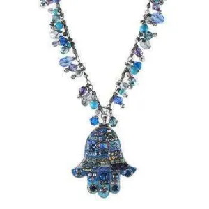 Michal Golan Medium Bright Blue Hamsa Necklace with Hang Beads