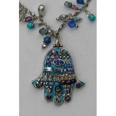 Michal Golan Medium Bright Blue Hamsa Necklace with Hang Beads