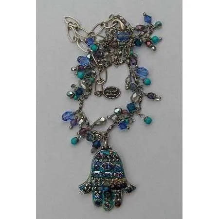 Michal Golan Medium Bright Blue Hamsa Necklace with Hang Beads