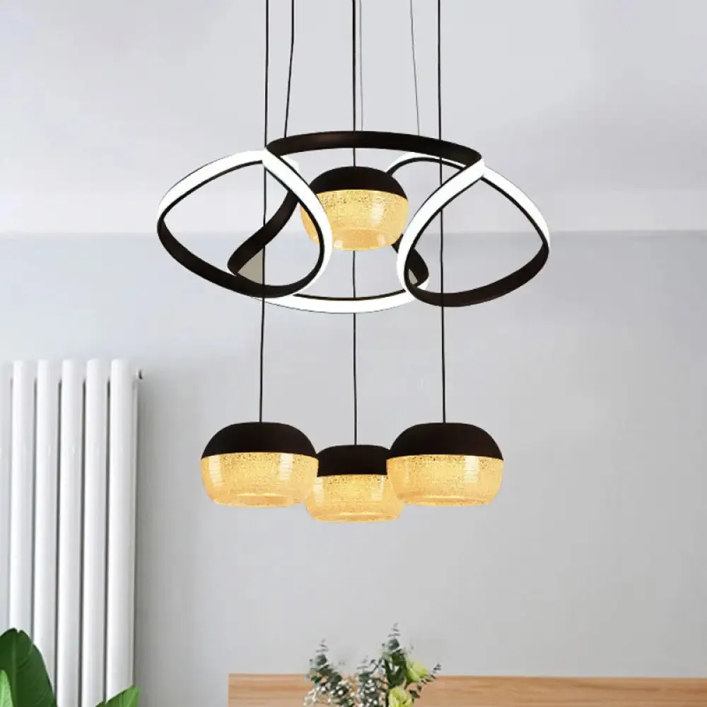 Minimalist Acrylic Oval LED Pendant Lamp with 4 Hanging Lights, Twisting Shelf, and Black Ceiling Mount