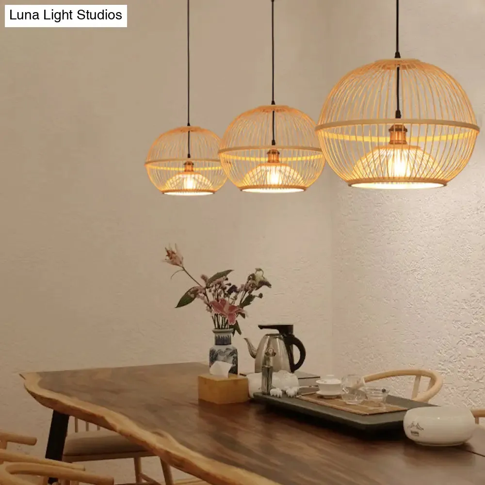 Minimalist Bamboo Sphere Pendant Light with Shade - Wood Suspension Ceiling Lamp