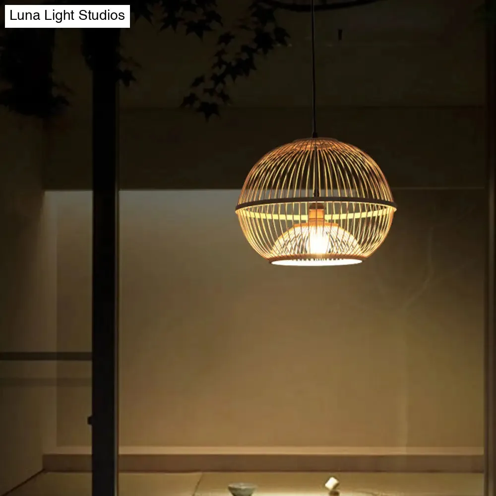 Minimalist Bamboo Sphere Pendant Light with Shade - Wood Suspension Ceiling Lamp