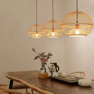 Minimalist Bamboo Sphere Pendant Light with Shade - Wood Suspension Ceiling Lamp