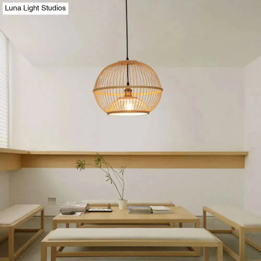 Minimalist Bamboo Sphere Pendant Light with Shade - Wood Suspension Ceiling Lamp