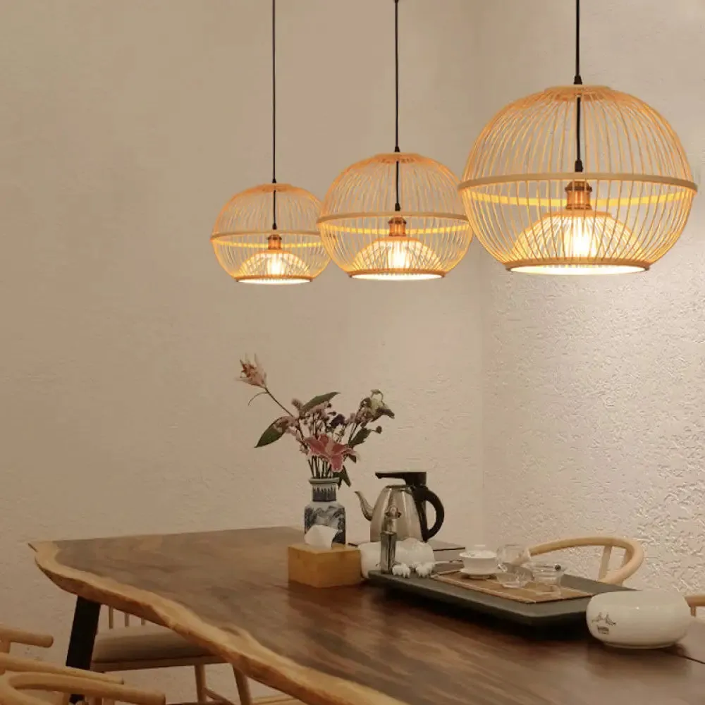 Minimalist Bamboo Sphere Pendant Light with Shade - Wood Suspension Ceiling Lamp