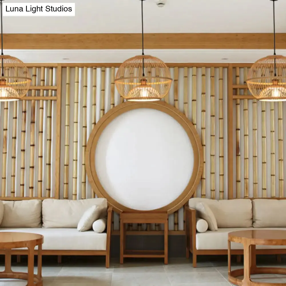 Minimalist Bamboo Sphere Pendant Light with Shade - Wood Suspension Ceiling Lamp