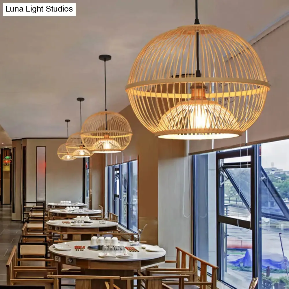 Minimalist Bamboo Sphere Pendant Light with Shade - Wood Suspension Ceiling Lamp