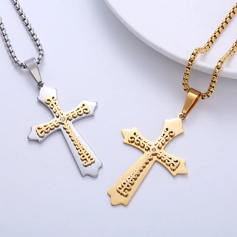 Minimalist Cross Stainless Steel Diamond Inlay Pendants