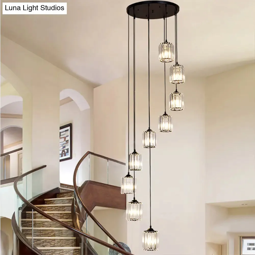 Modern Crystal Pendant Light for Stairs - Minimalist Black Cylinder Cluster Drop Lamp