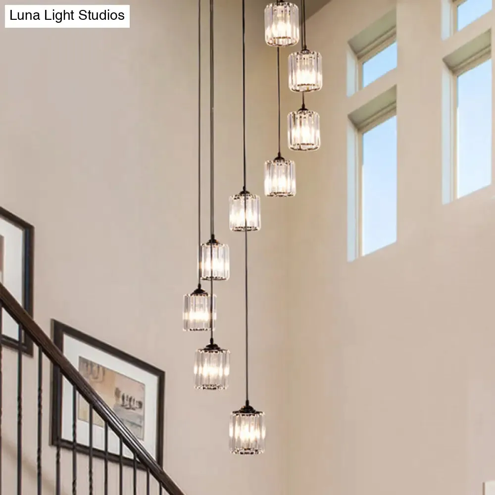 Modern Crystal Pendant Light for Stairs - Minimalist Black Cylinder Cluster Drop Lamp