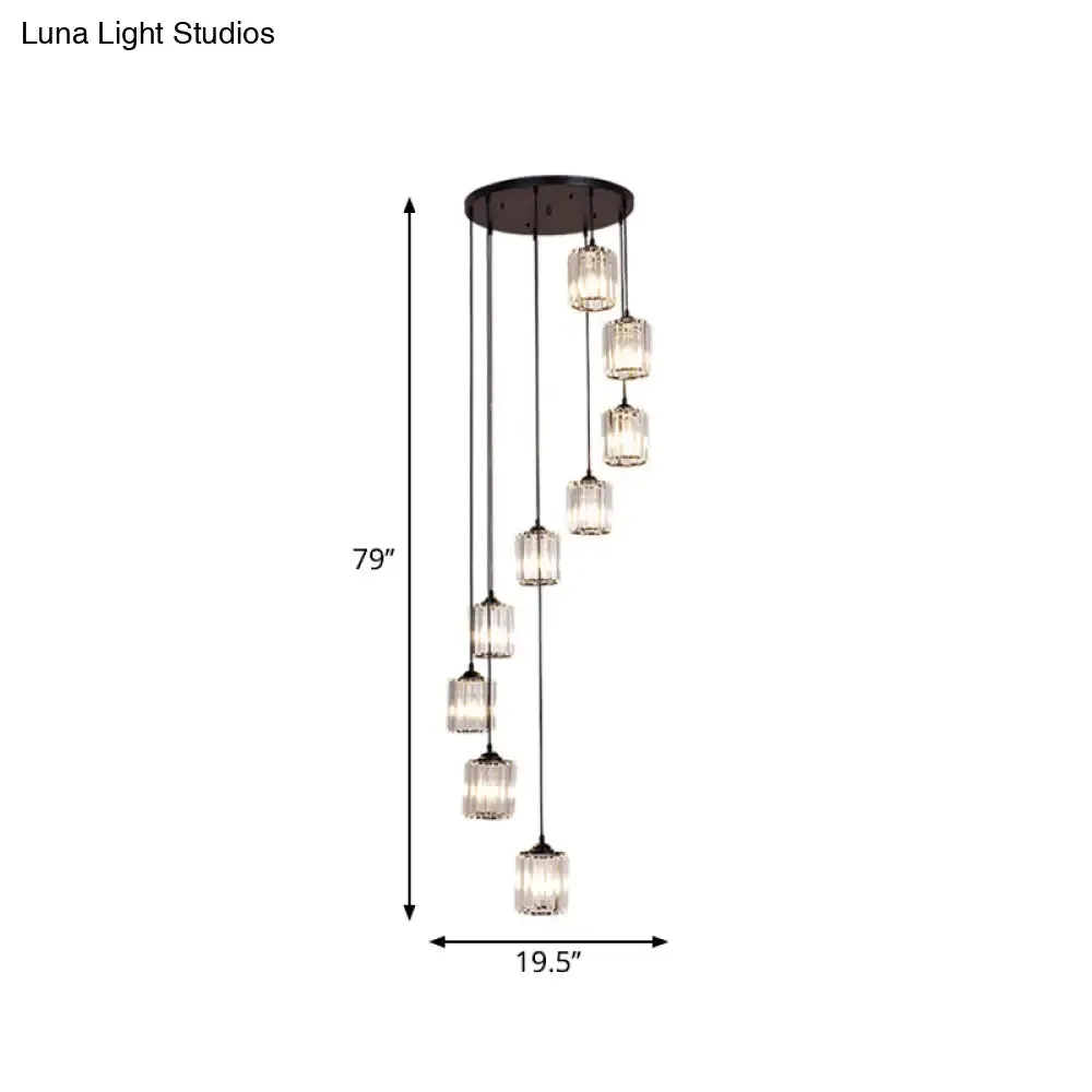 Modern Crystal Pendant Light for Stairs - Minimalist Black Cylinder Cluster Drop Lamp