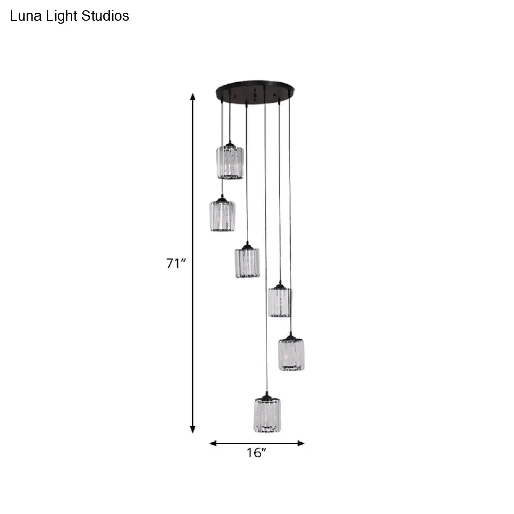 Modern Crystal Pendant Light for Stairs - Minimalist Black Cylinder Cluster Drop Lamp