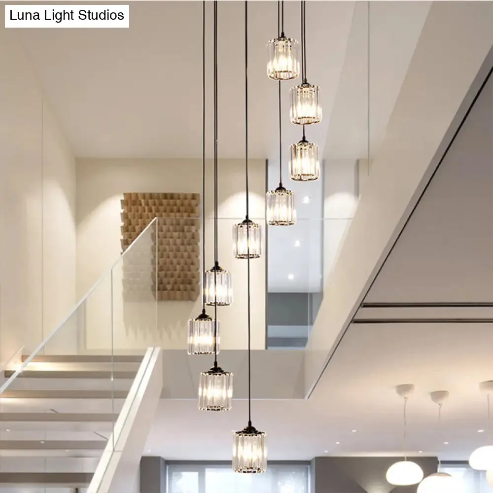 Modern Crystal Pendant Light for Stairs - Minimalist Black Cylinder Cluster Drop Lamp