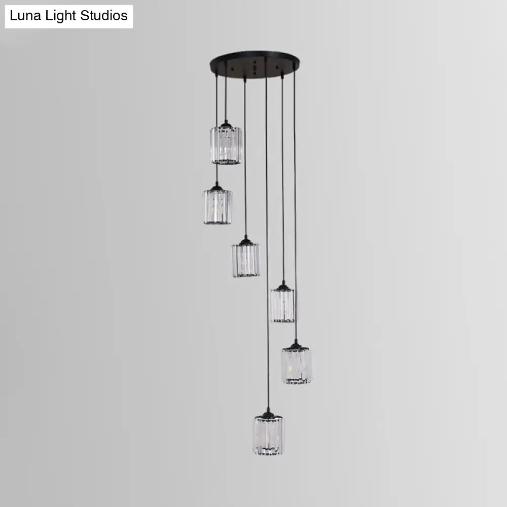 Modern Crystal Pendant Light for Stairs - Minimalist Black Cylinder Cluster Drop Lamp