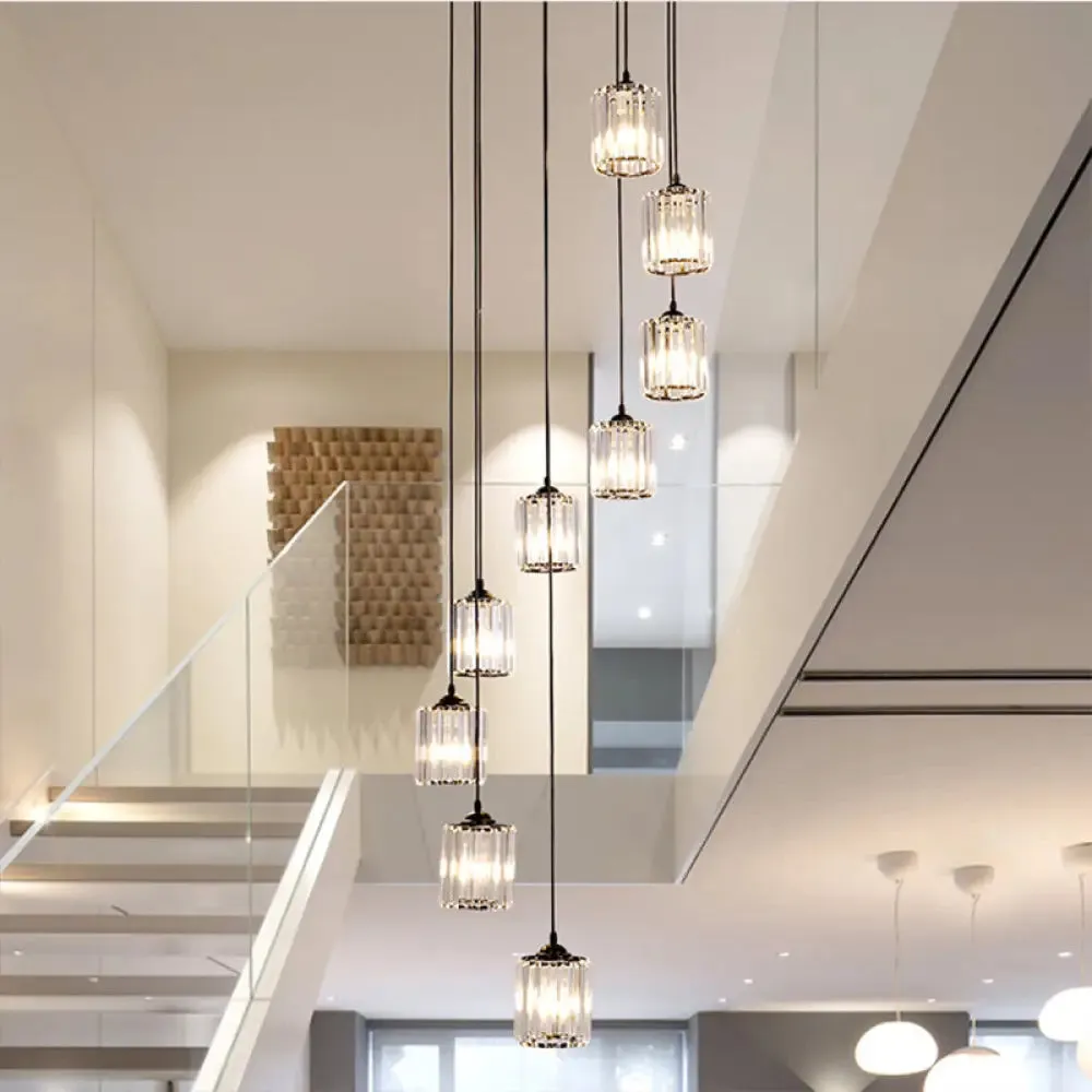 Modern Crystal Pendant Light for Stairs - Minimalist Black Cylinder Cluster Drop Lamp