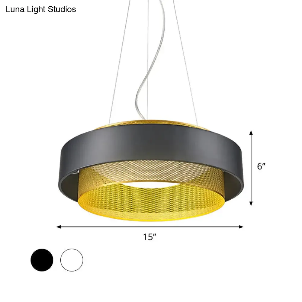 Modern Metal Circle Hanging Light - White/Black-Gold - 15"/18" Wide - LED Drop Pendant with Mesh Screen and Acrylic Diffuser