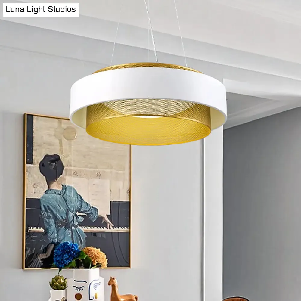 Modern Metal Circle Hanging Light - White/Black-Gold - 15"/18" Wide - LED Drop Pendant with Mesh Screen and Acrylic Diffuser