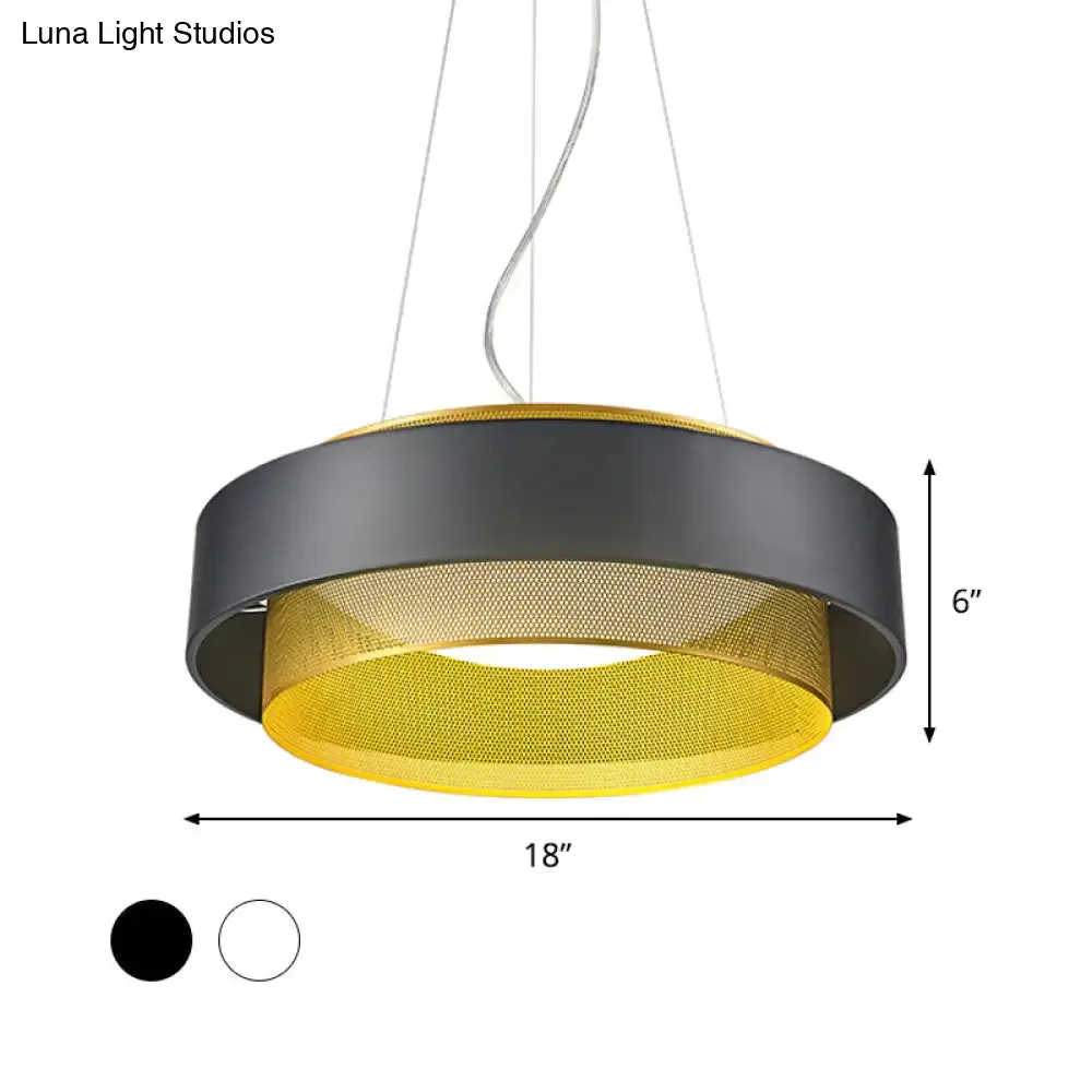 Modern Metal Circle Hanging Light - White/Black-Gold - 15"/18" Wide - LED Drop Pendant with Mesh Screen and Acrylic Diffuser