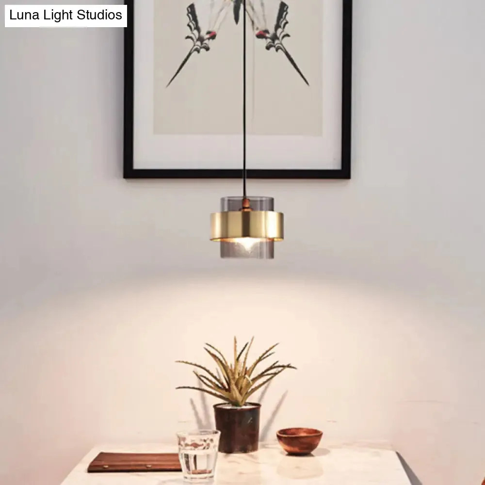 Modern Smoke Glass Pendant Light with Metal Ring - Cylindrical Minimalist Design