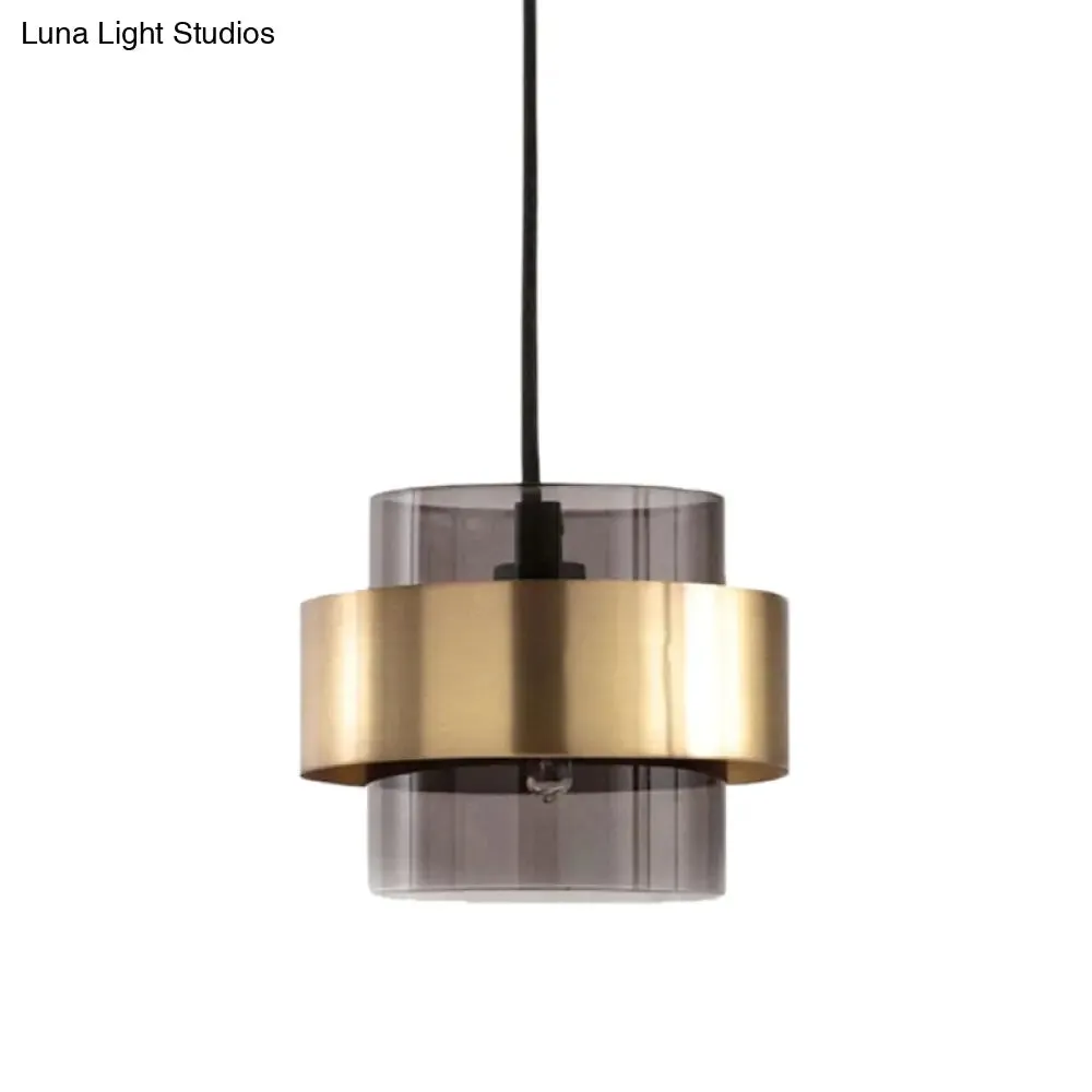 Modern Smoke Glass Pendant Light with Metal Ring - Cylindrical Minimalist Design