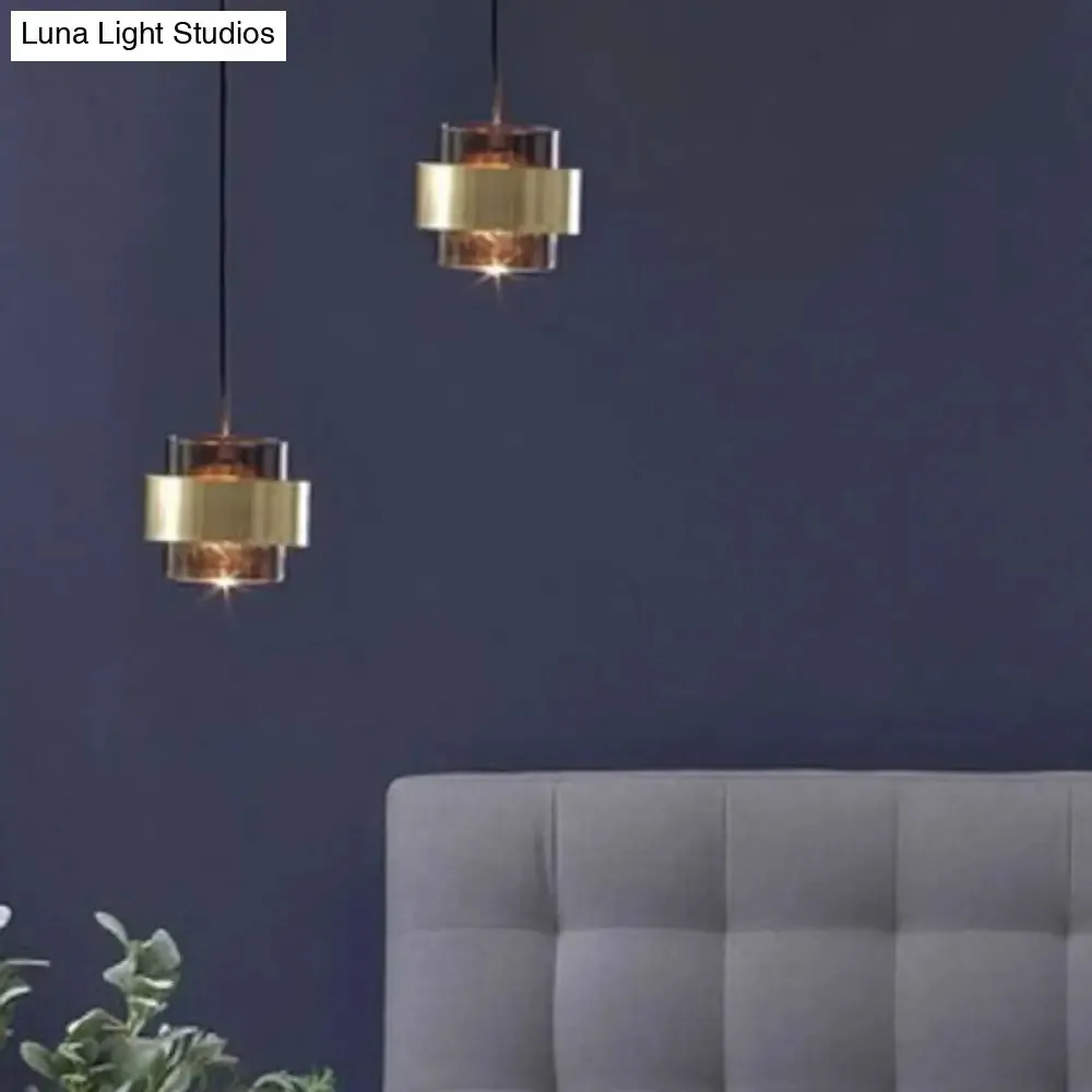 Modern Smoke Glass Pendant Light with Metal Ring - Cylindrical Minimalist Design