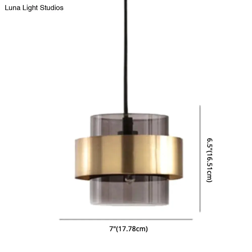 Modern Smoke Glass Pendant Light with Metal Ring - Cylindrical Minimalist Design