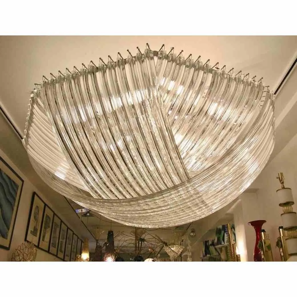 Monumental Italian Minimalist Crystal Clear Murano Glass Curved Chandelier