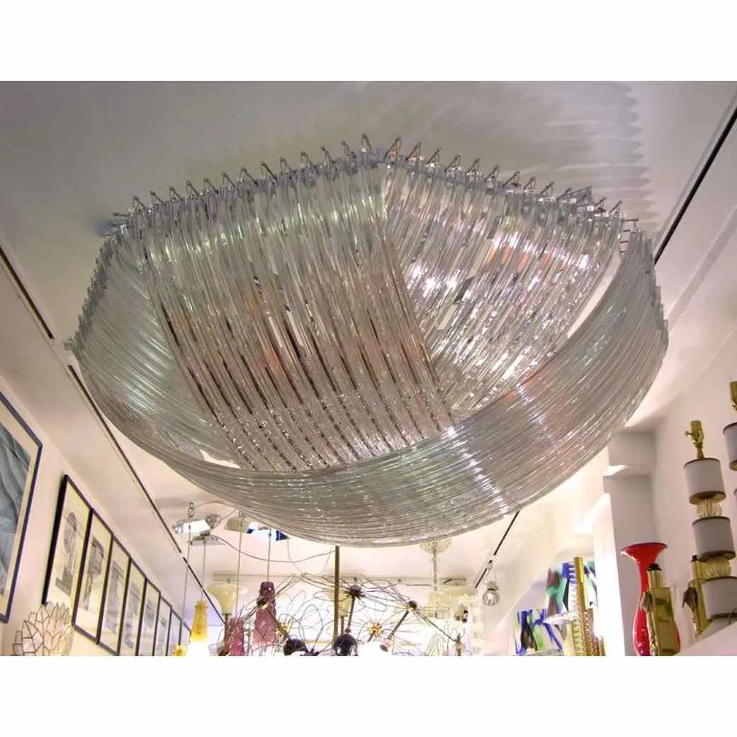 Monumental Italian Minimalist Crystal Clear Murano Glass Curved Chandelier