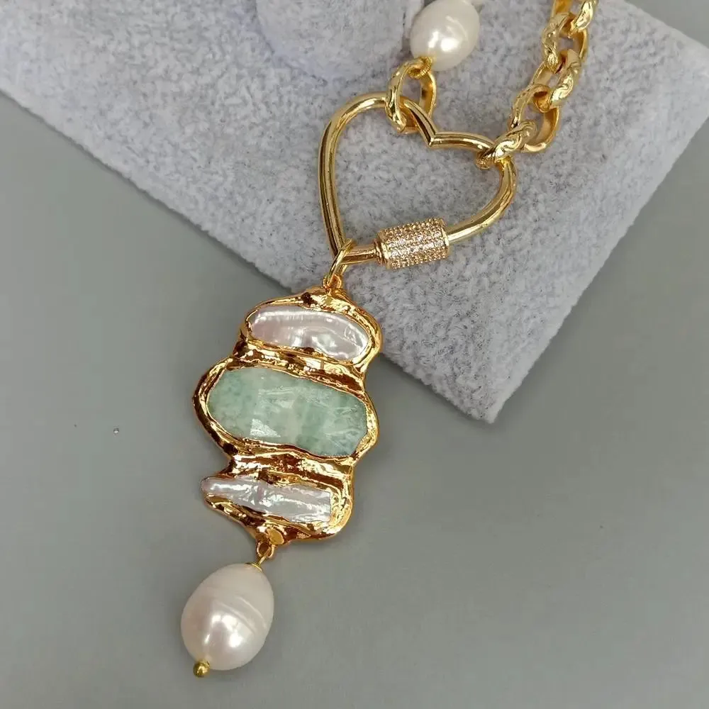 Natural White Rice Pearl & Amazonite Pendant Necklace